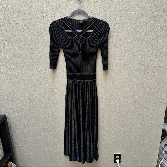 PINKO Bitter Two-tone Midi Dress in Stretch Jersey Black Gold Sparkle Metallic M - Picture 5 of 11